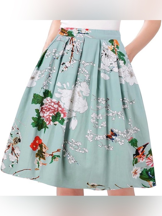 Grace Karin Dresses & Skirts - FLORAL SKIRT RETRO 50s STYLE AQUA MINT A-LINE PLEATED MIDI SKIRT SIZE MEDIUM NWT